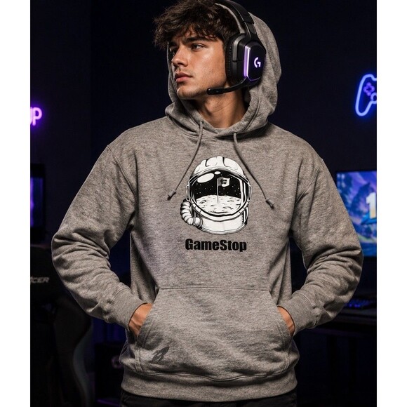 GameStop Hoodie Unisex XL Gray Pullover Sweatshirt Sweater Astronaut Rocket Logo